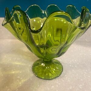Vintage L. E. Smith Glass 7.75" Green SIMPLICITY Ruffled Compote